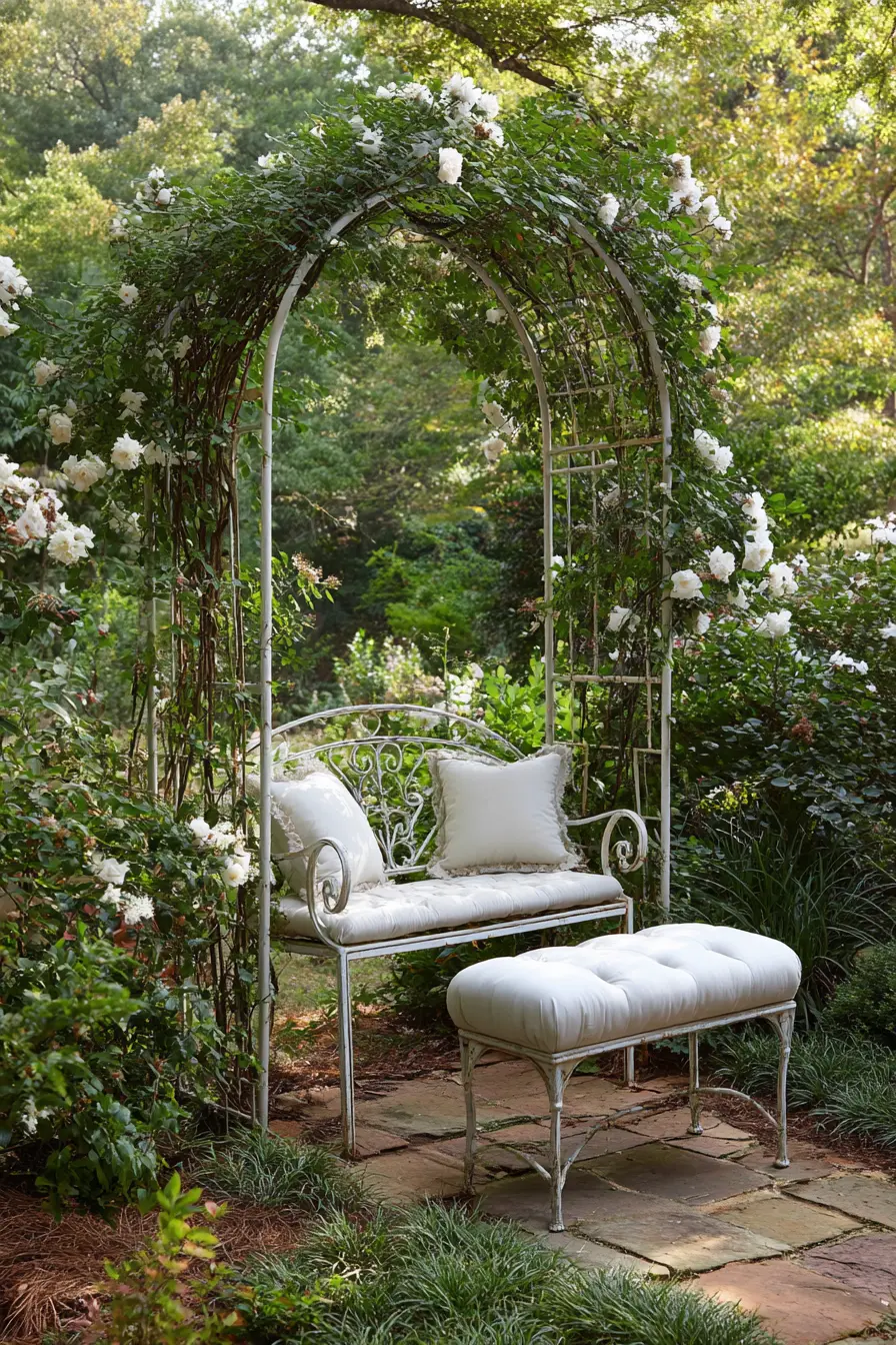 White Rose Arbor with Bench