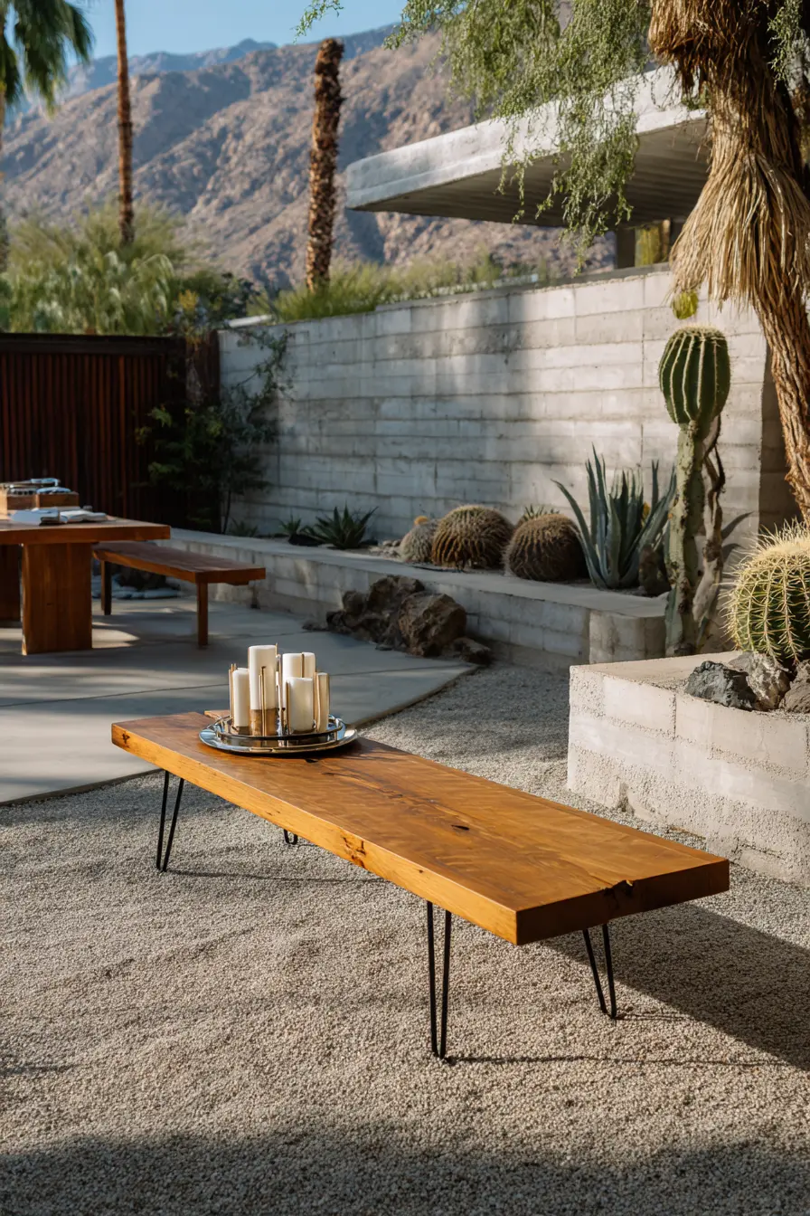 Desert Cacti and Rustic Bench Garden
