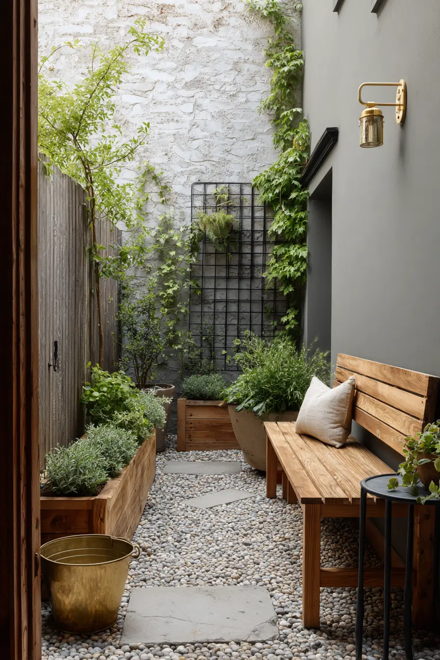 Rustic Wooden Bench Surrounded by Lush Greens