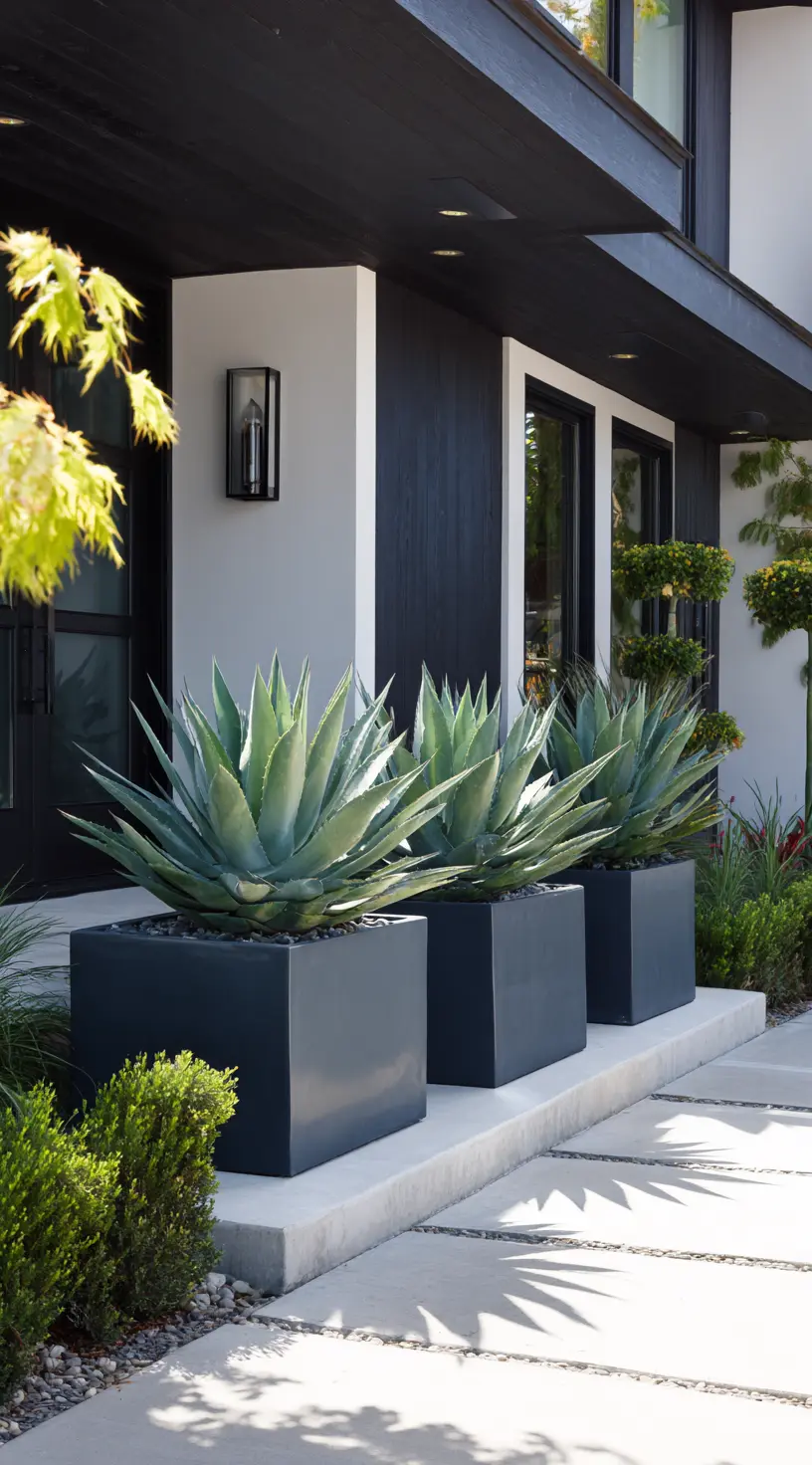 Sculptural Entryway With Artistic Planters
