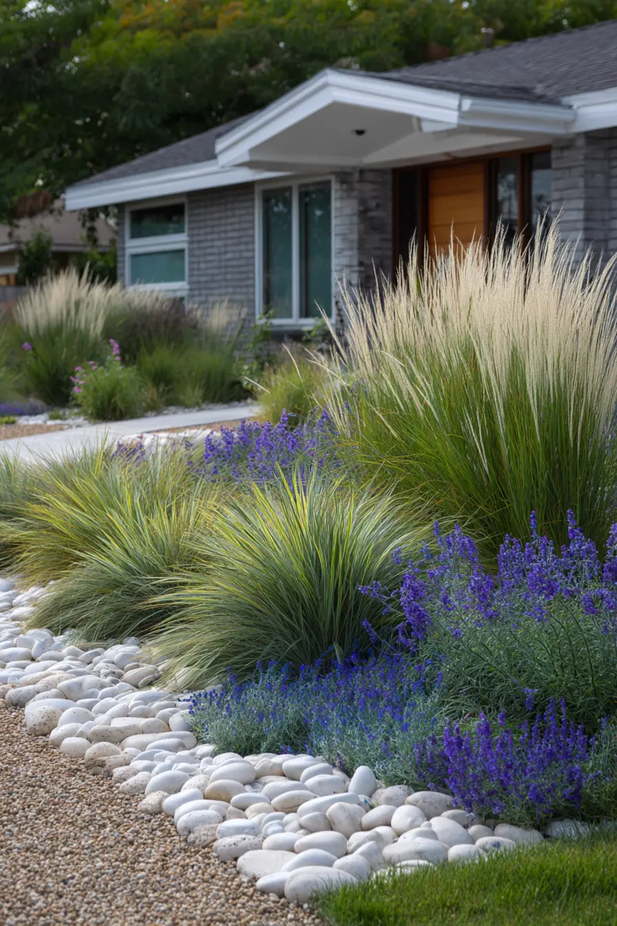 Soft Grasses Along Stone Border