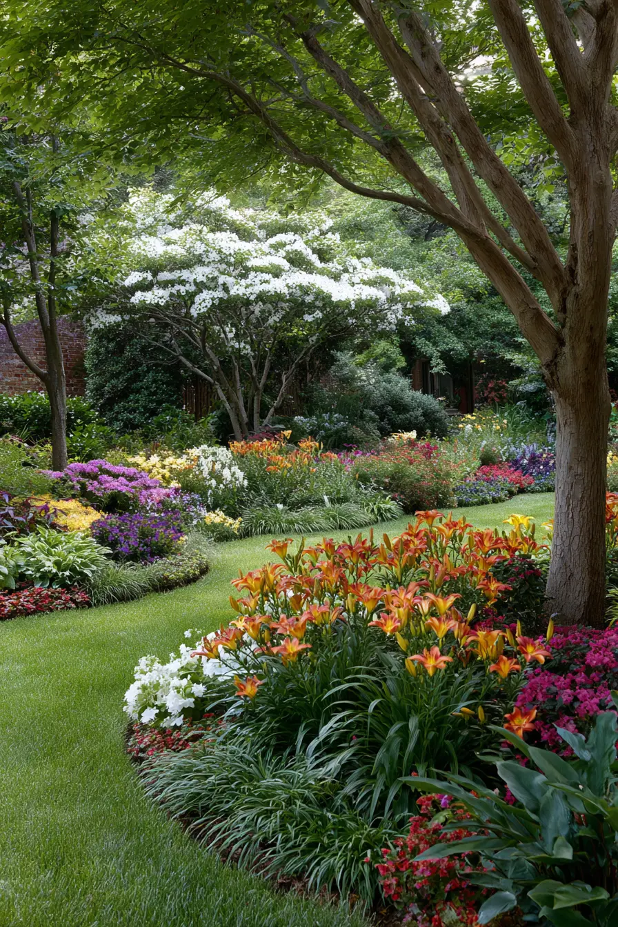 Vibrant Perennial Border Under Tree
