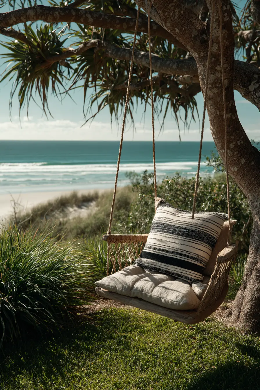 Rustic Charm: Tree Swing Adorned With Cushions