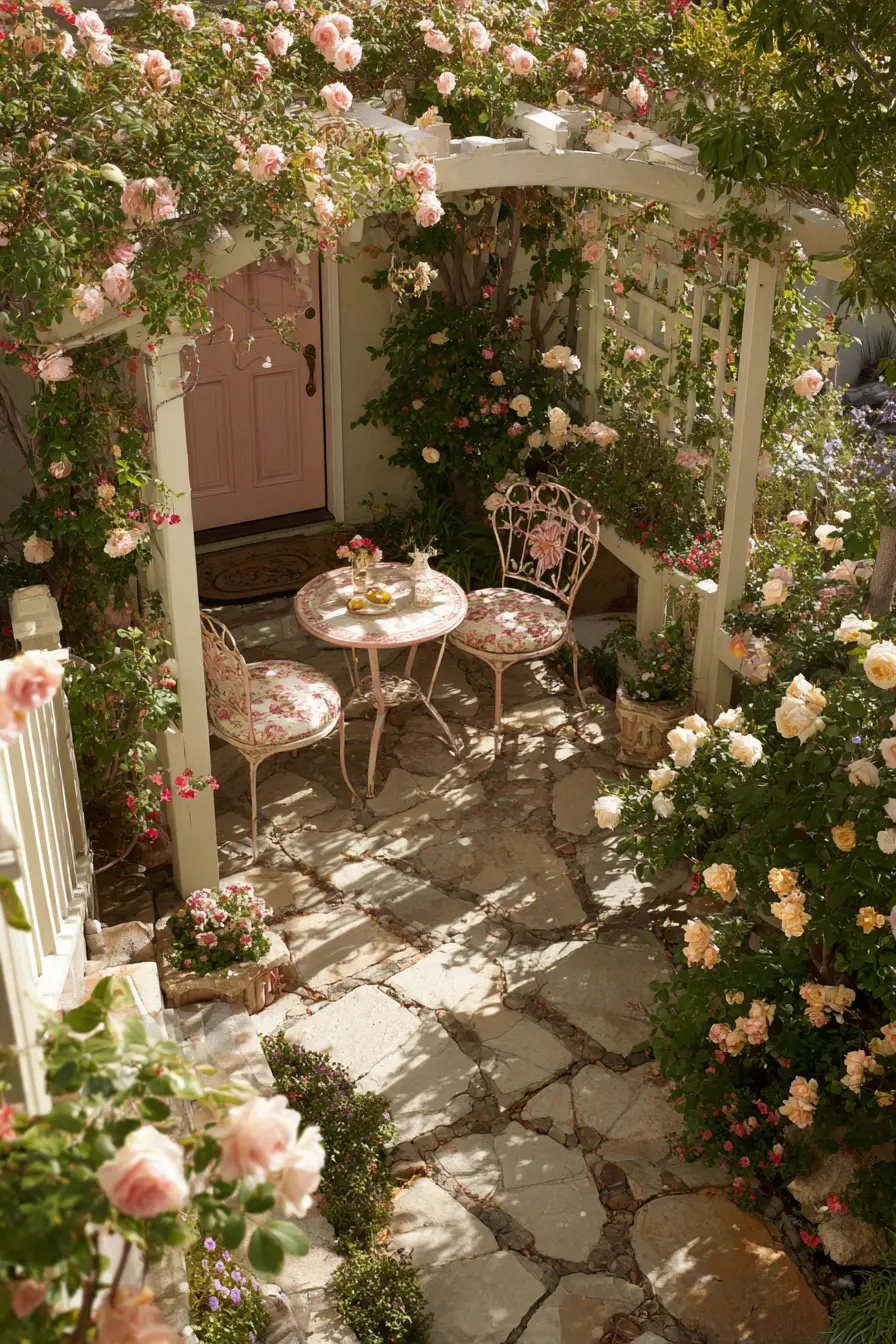 Secluded Stone Patio with Floral Cushions