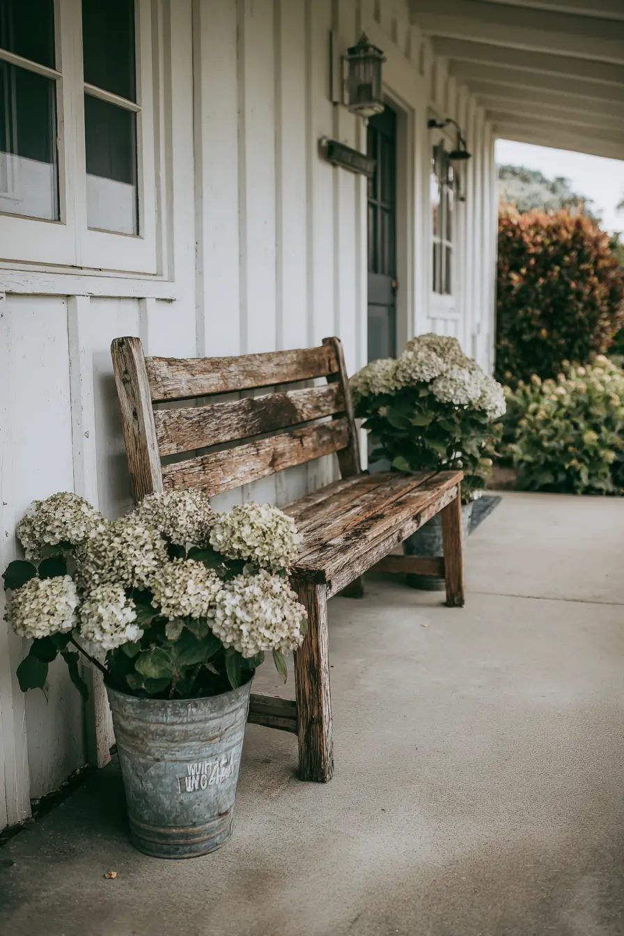 Wooden Bench Featuring Hydrangeas