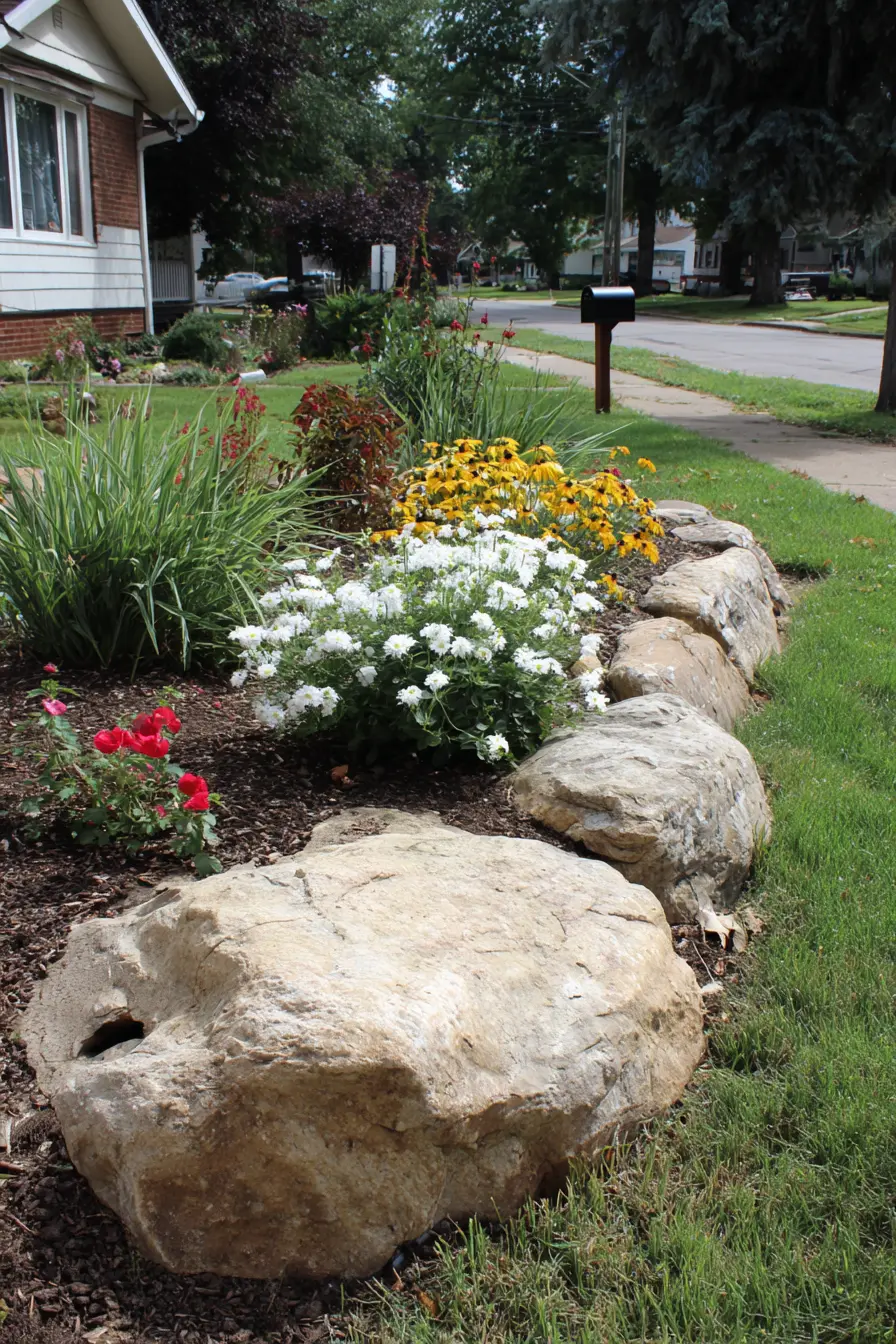 Colorful Rock-Bordered Flower Bed Design