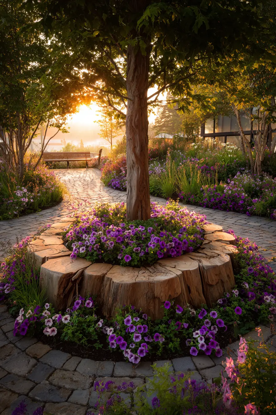 Modern Circular Bench with Petunias