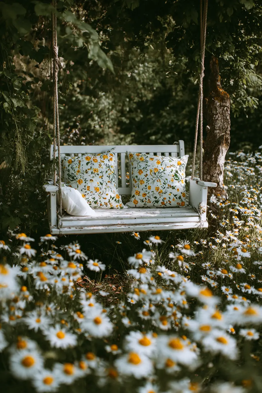 Rustic White Tree Swing with Cushions