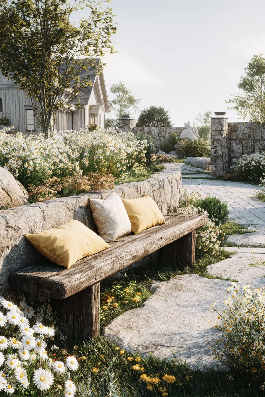 Rustic Wooden Bench Amidst White Flowers