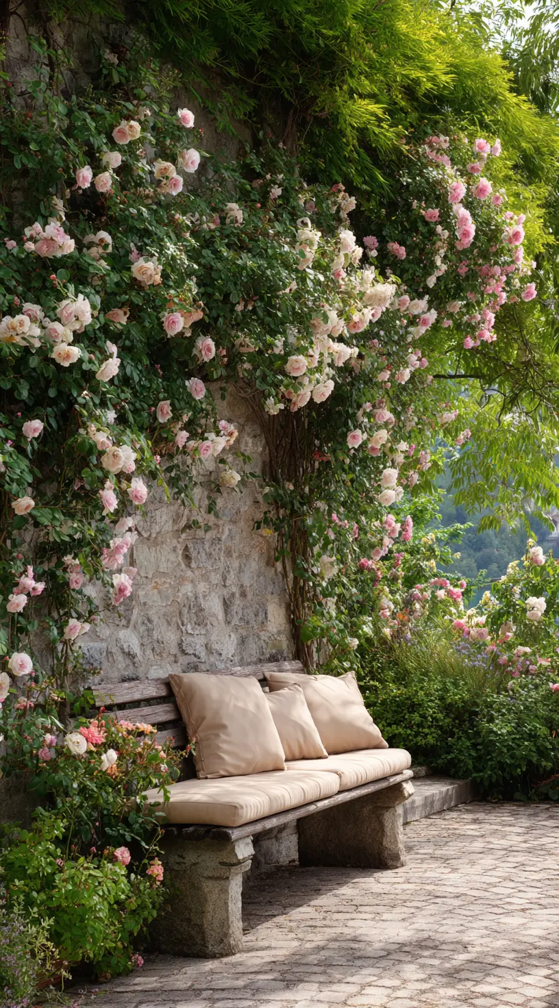 Antique Stone Wall With Climbing Roses