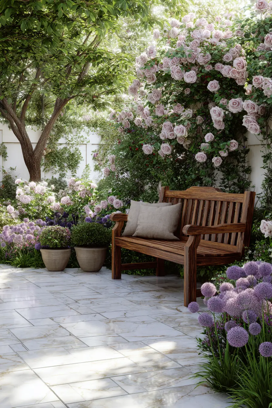 Romantic Stone Patio with Trellis Roses