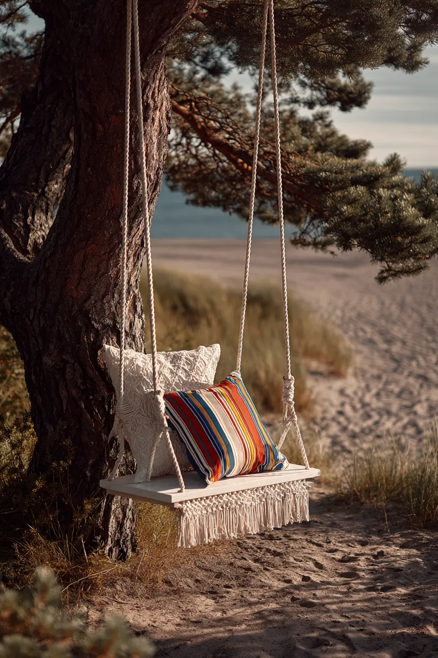 Rustic Wooden Tree Swing with Cushion