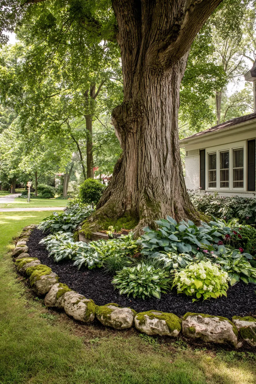 Hostas and Moss Under Tree Canopy
