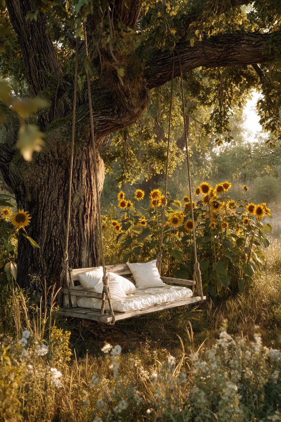 Rustic Tree Swing with Sunflowers
