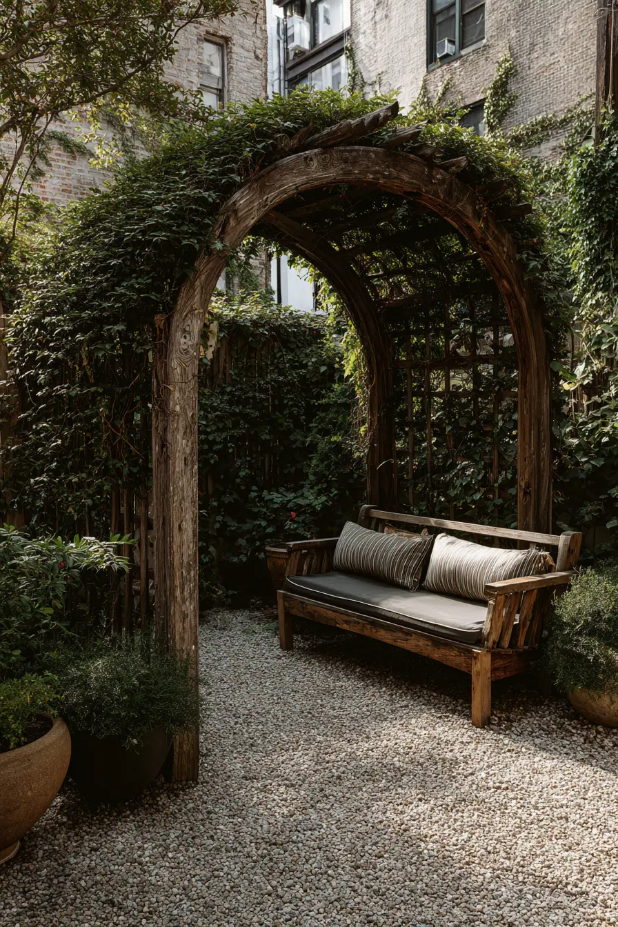 Rustic Wooden Bench with Ivy Arch