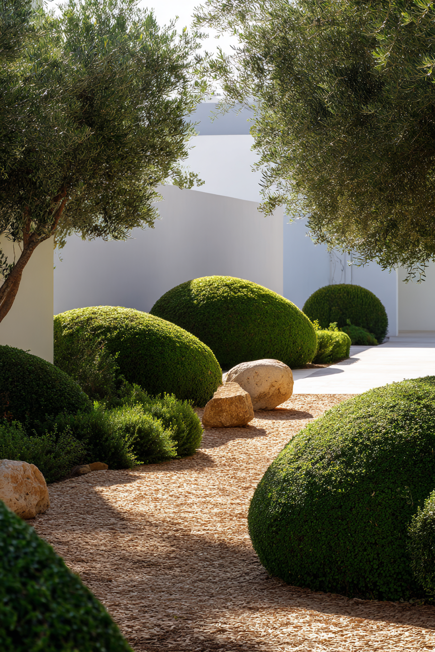 Boxwood Borders with Mulch Pathway