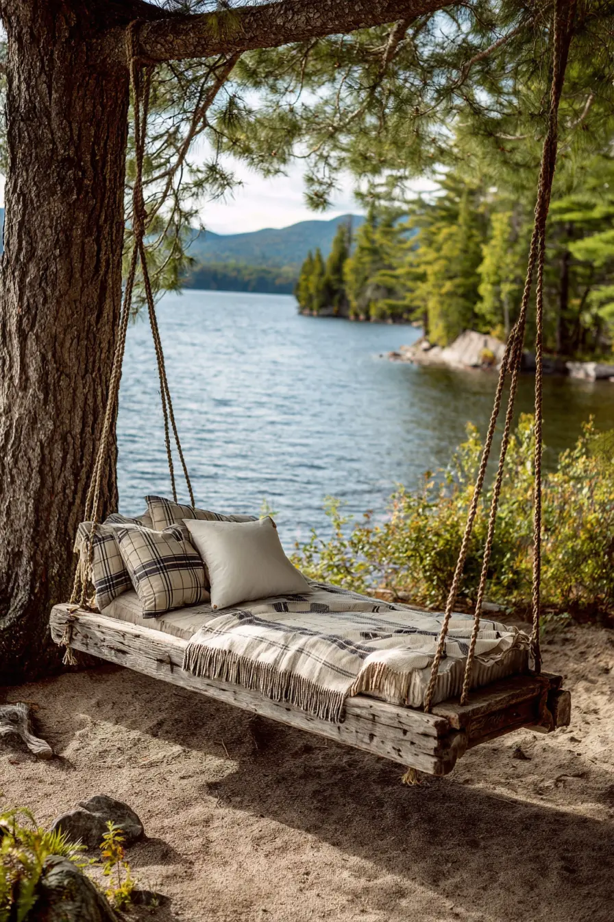 Rustic Tree Swing with Plaid Blanket