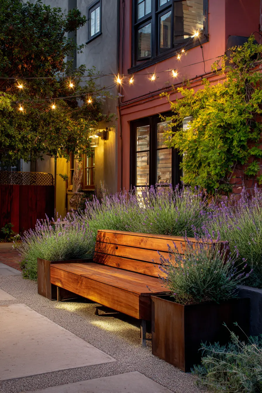 Rustic Wooden Bench with Lavender Garden