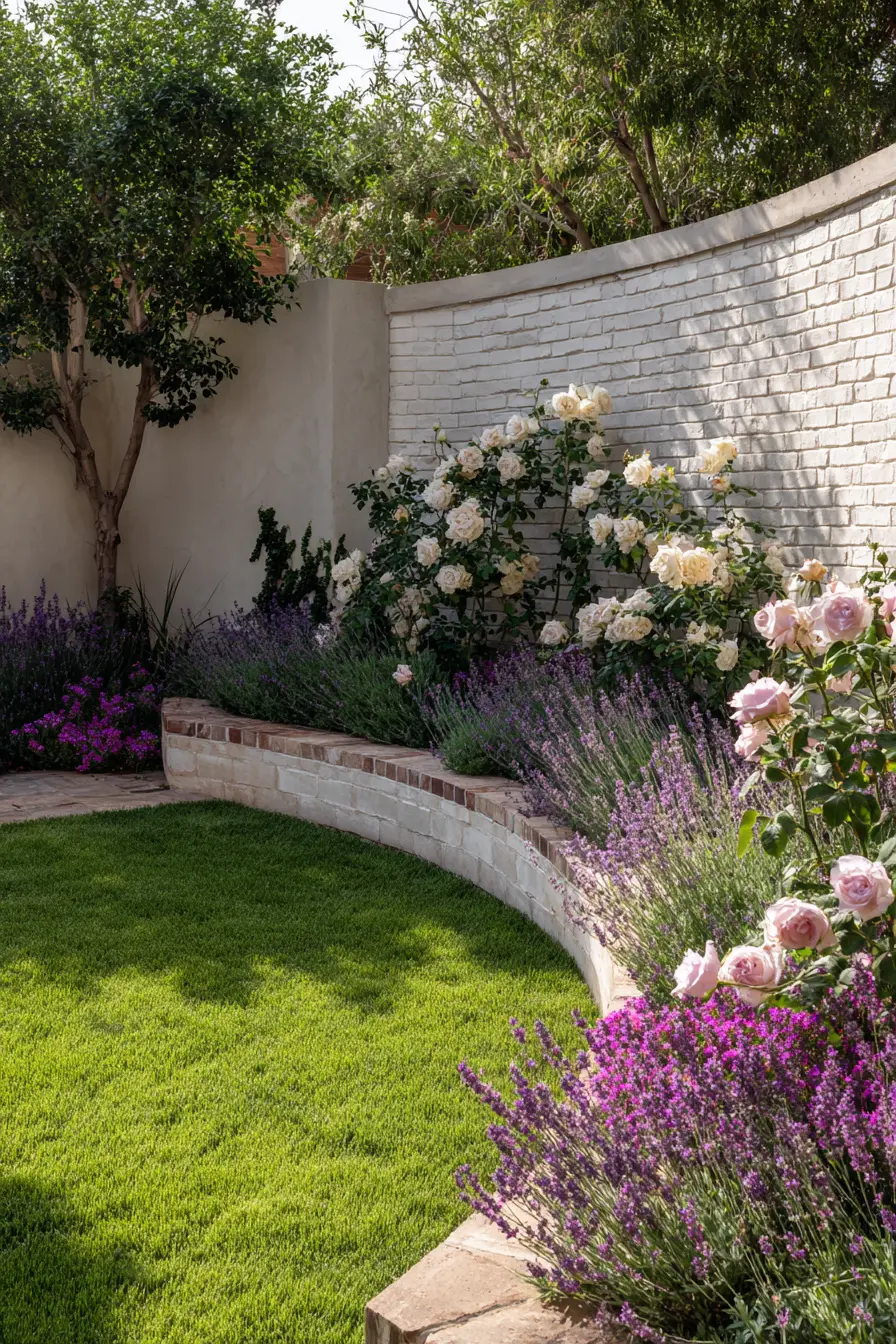 Curved Brick Border with Lavender and Roses