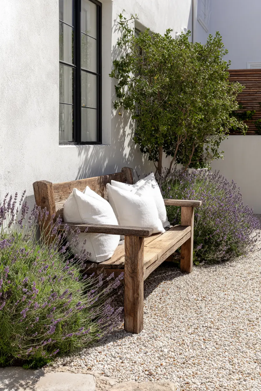 Rustic Wooden Bench Surrounded by Lavender