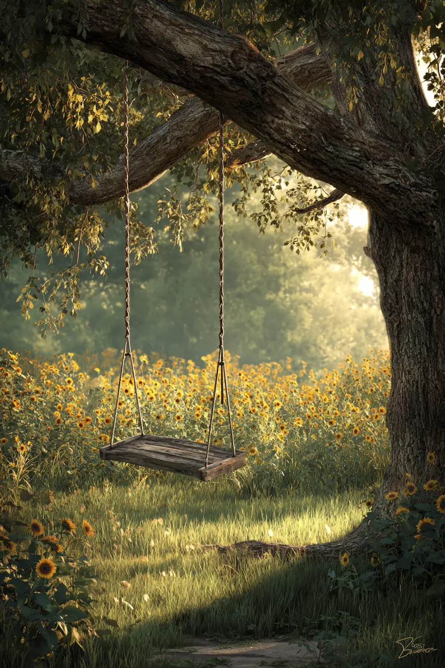 Rustic Wooden Tree Swing Setup