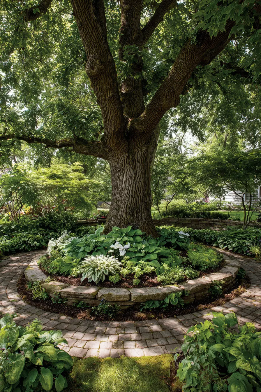 Serene Hostas Around Majestic Tree