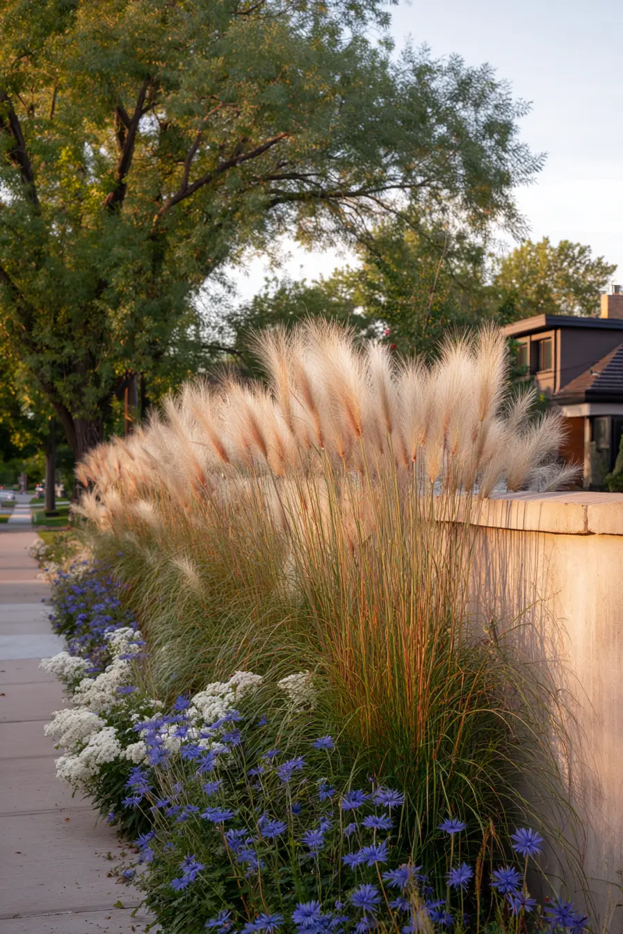 Tall Grasses with Blue Flowers Border