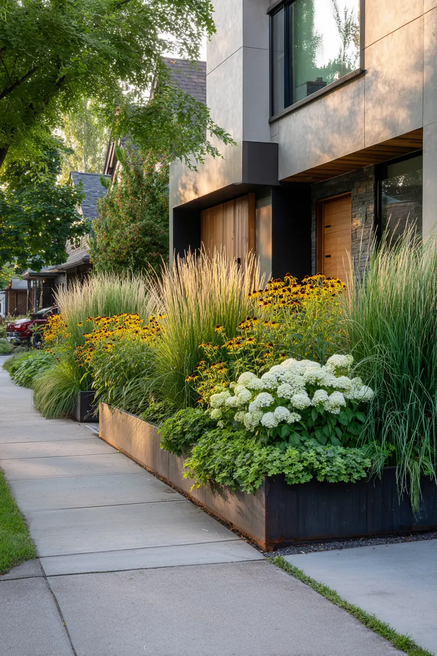 Contemporary Copper-Edged Flower Bed Design