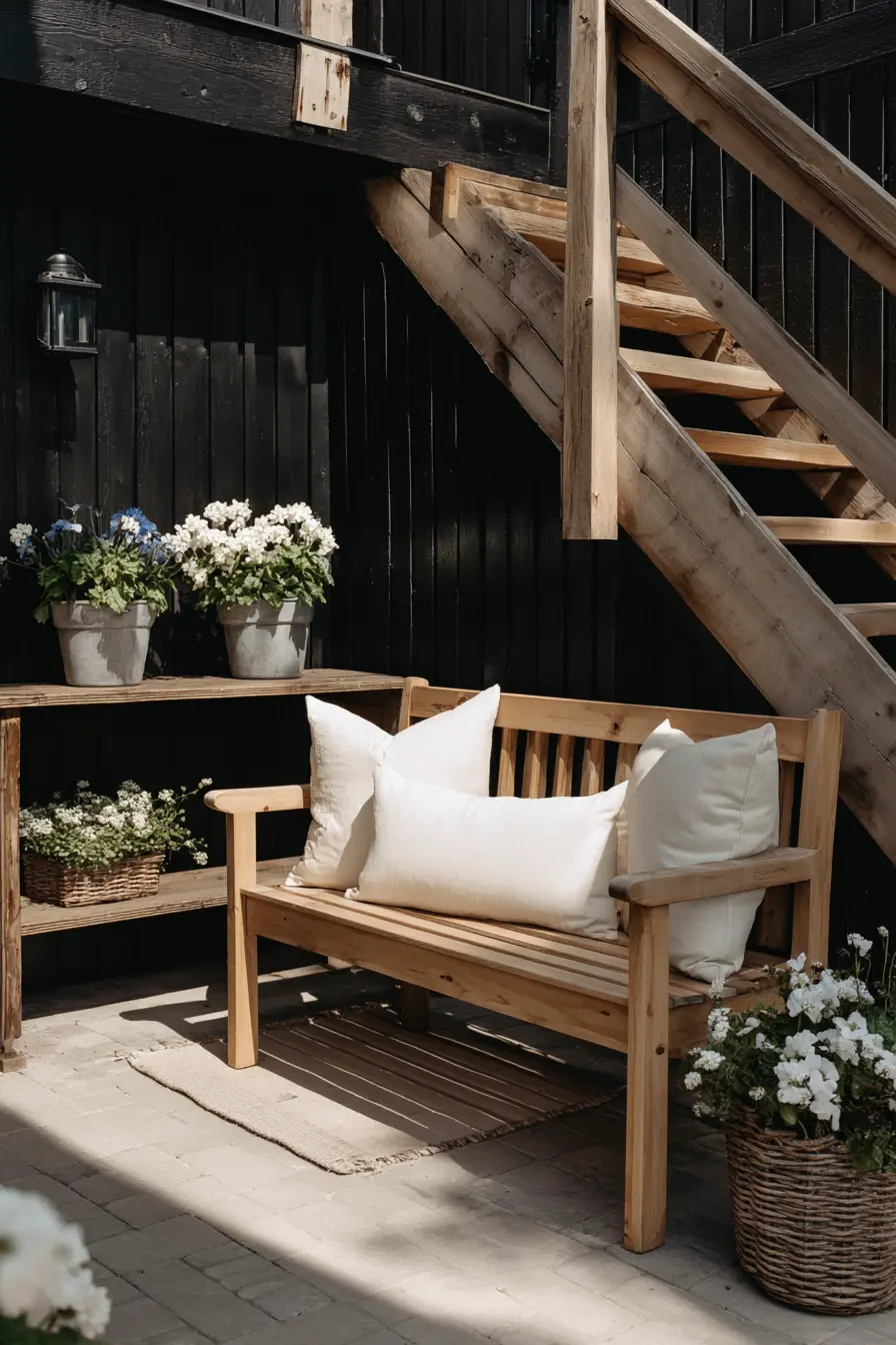 Cozy Wooden Bench with Vibrant Flowers