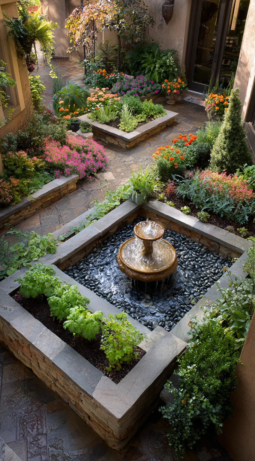 Stacked Stone Raised Beds With Water Feature