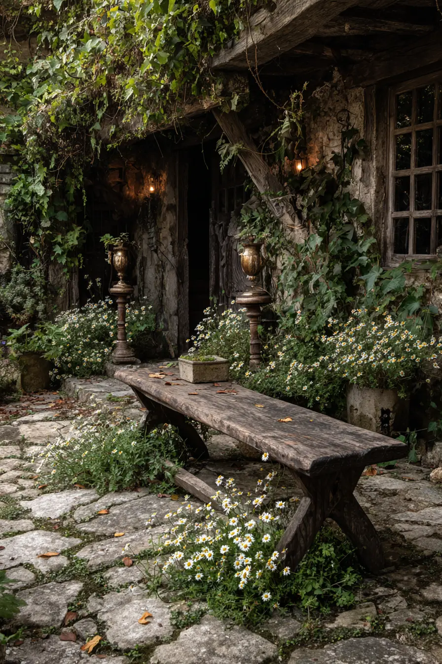 Rustic Bench Among Daisies Pathway