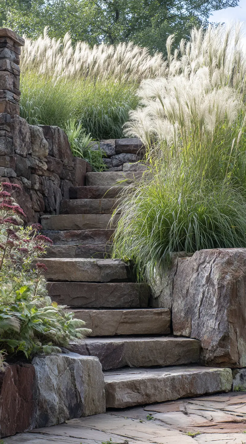Sloped Yard With Stone Bench Alcove