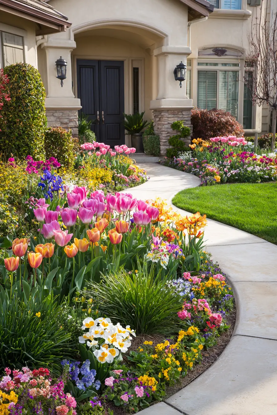 Vibrant Tulip and Pansy Border