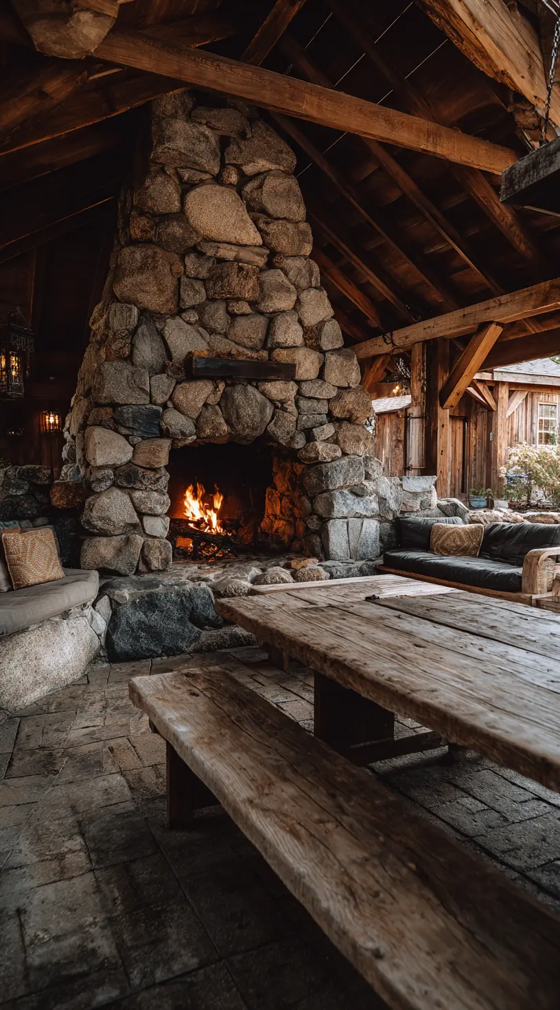 Cabin-Inspired Patio With Stone Fireplace
