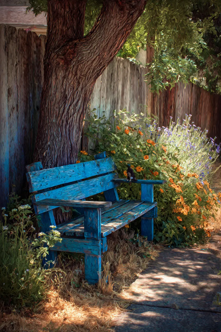 Rustic Blue Bench Under Lush Canopy