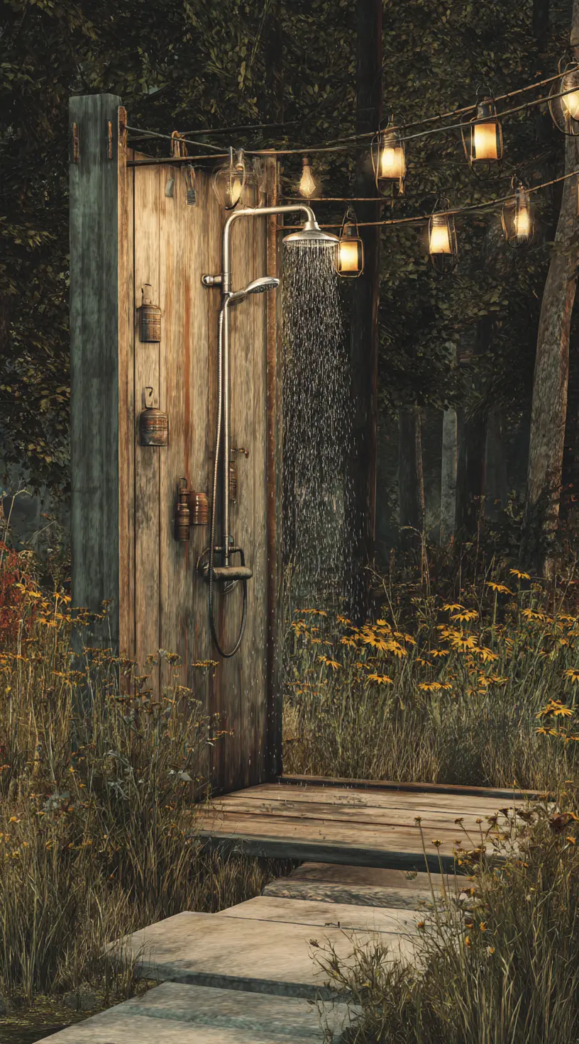 Rustic Outdoor Shower With Lanterns