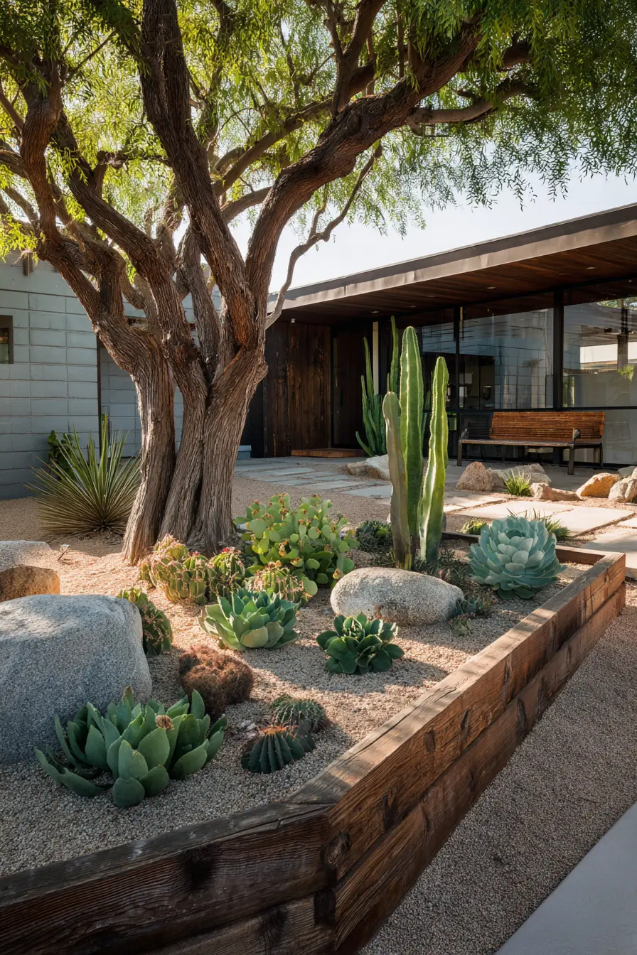Modern Succulent Landscape Around Tree