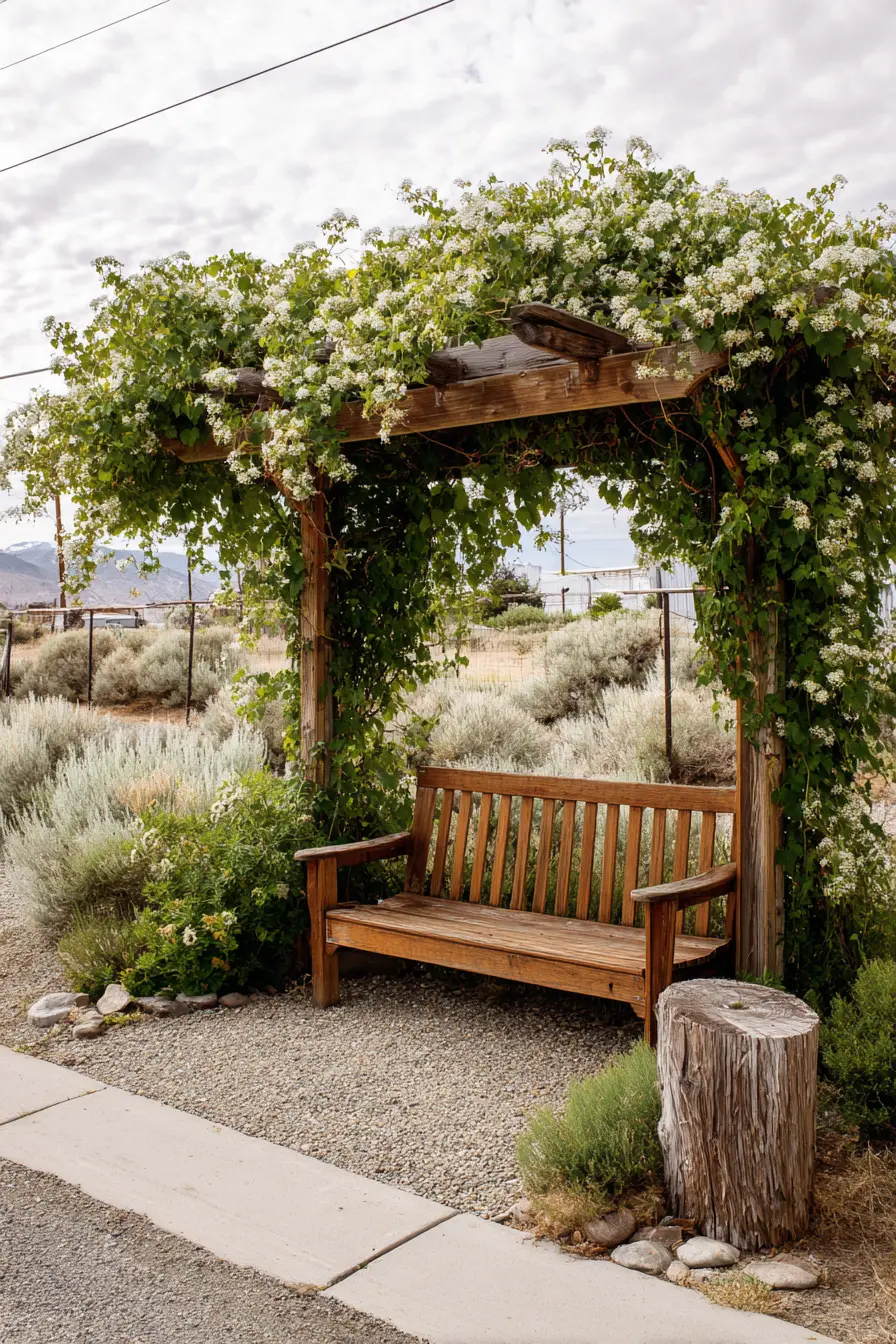 Rustic Wooden Bench Under Lush Arbor