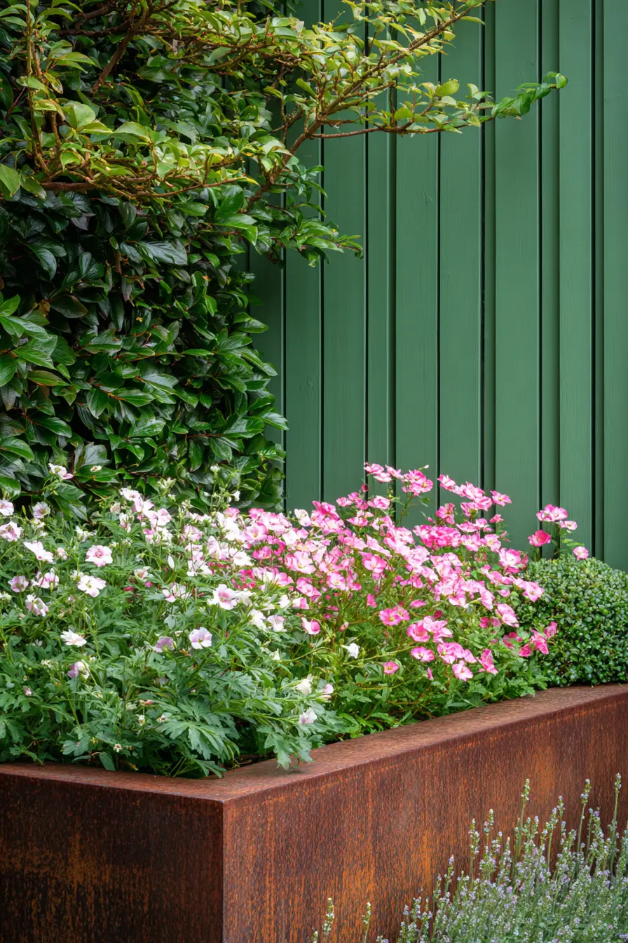 Contemporary Raised Garden Featuring Pink Blooms