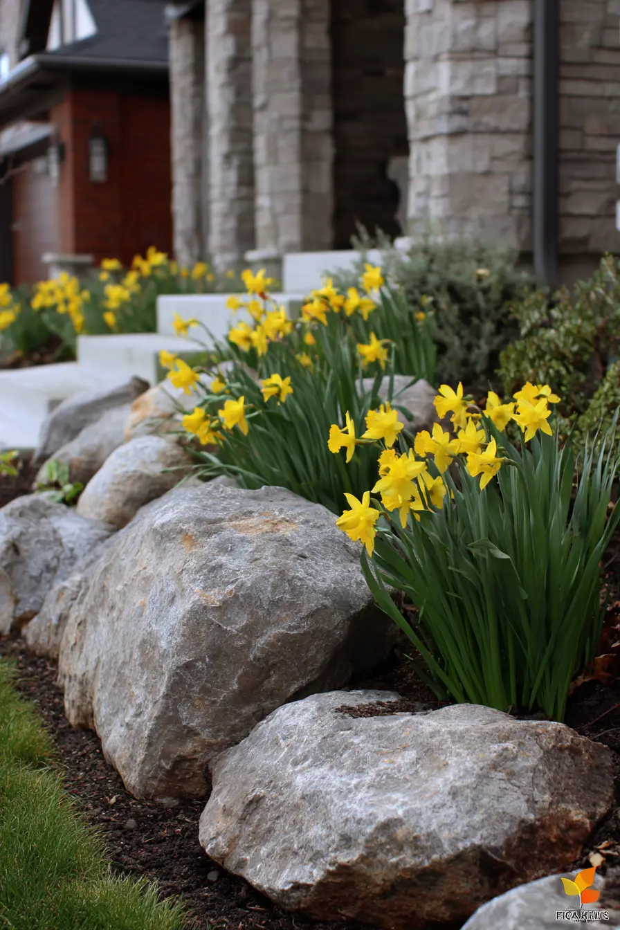 Rustic Rock Garden with Yellow Daffodils