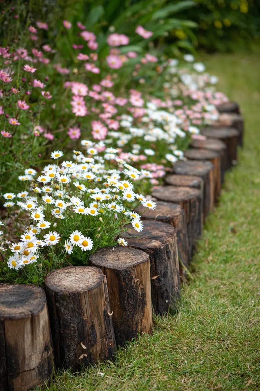 Log Edging With Daisies