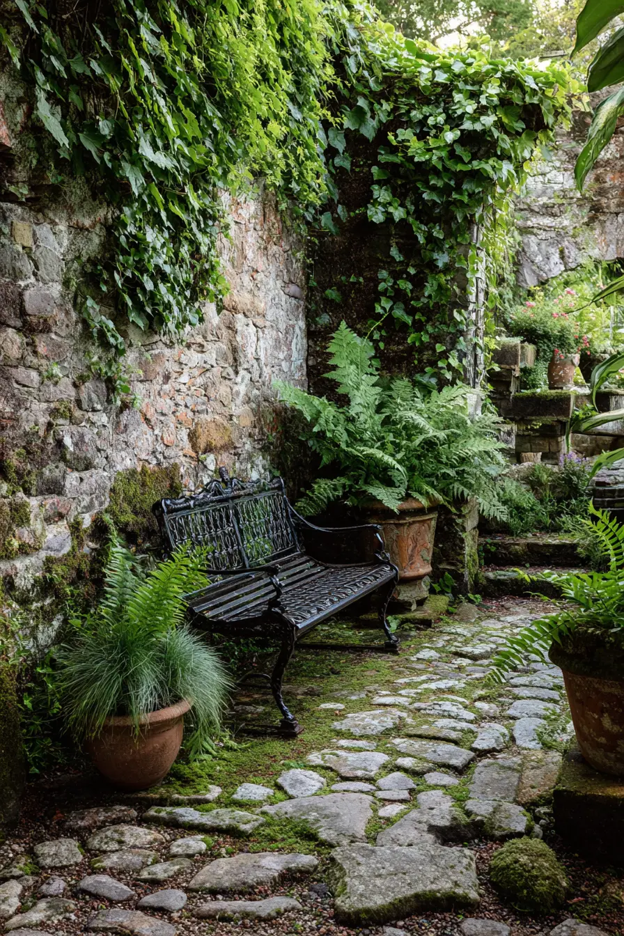 Rustic Fern Garden with Bench