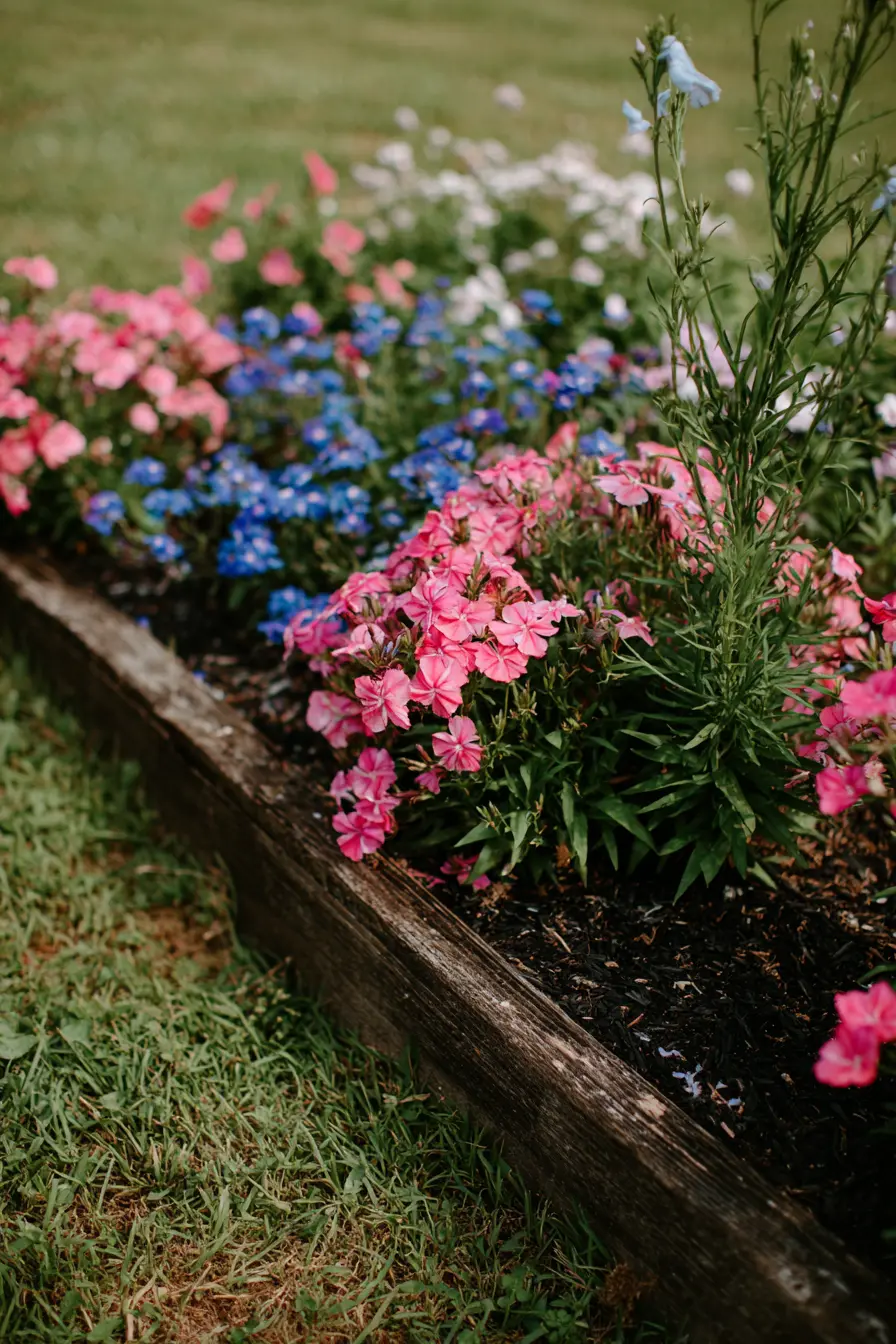 Raised Bed with Pink and Blue Flowers