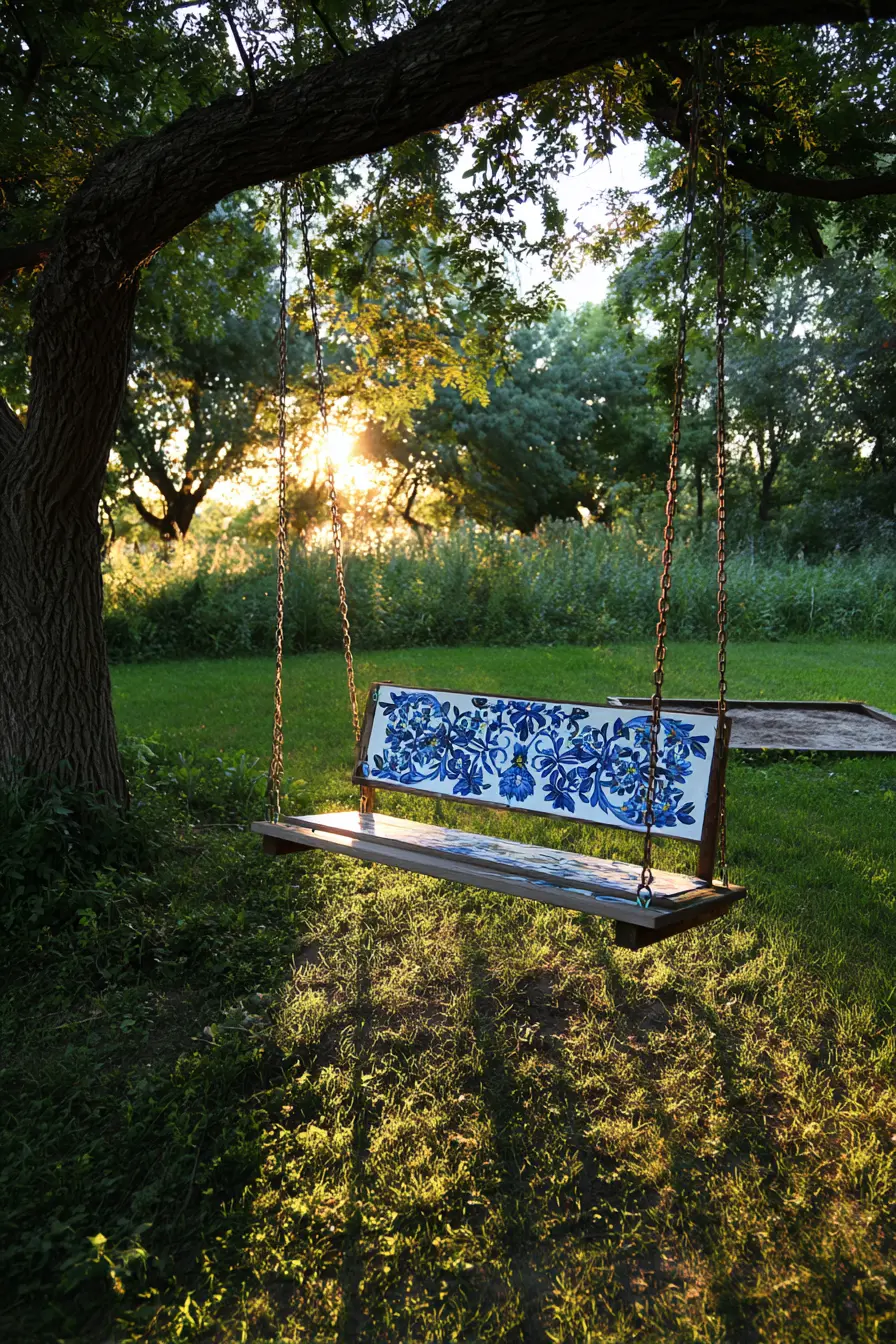 Rustic Wooden Tree Swing with Art
