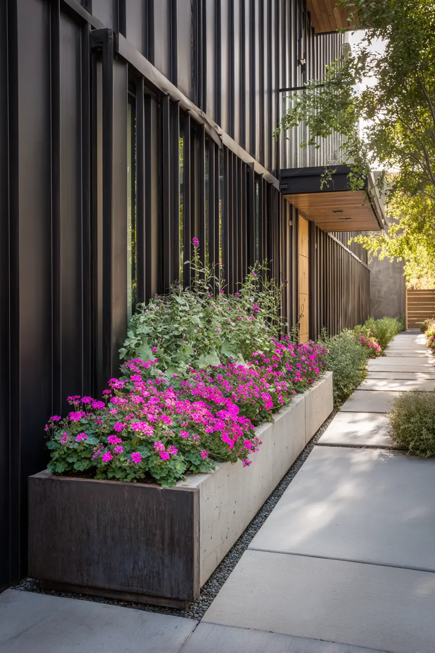 Sleek Raised Planter Filled With Pink Flowers