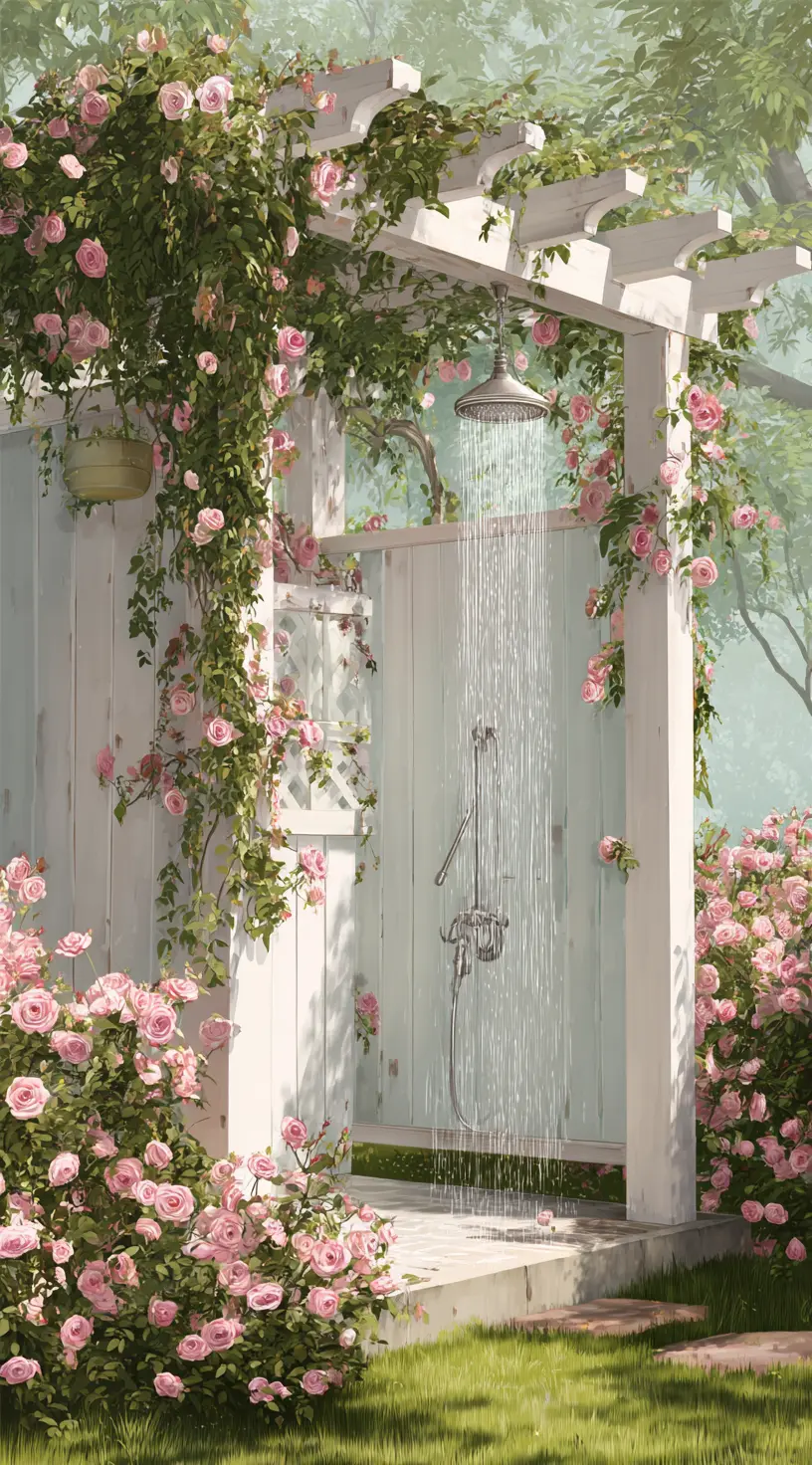 Outdoor Shower Framed By Climbing Roses