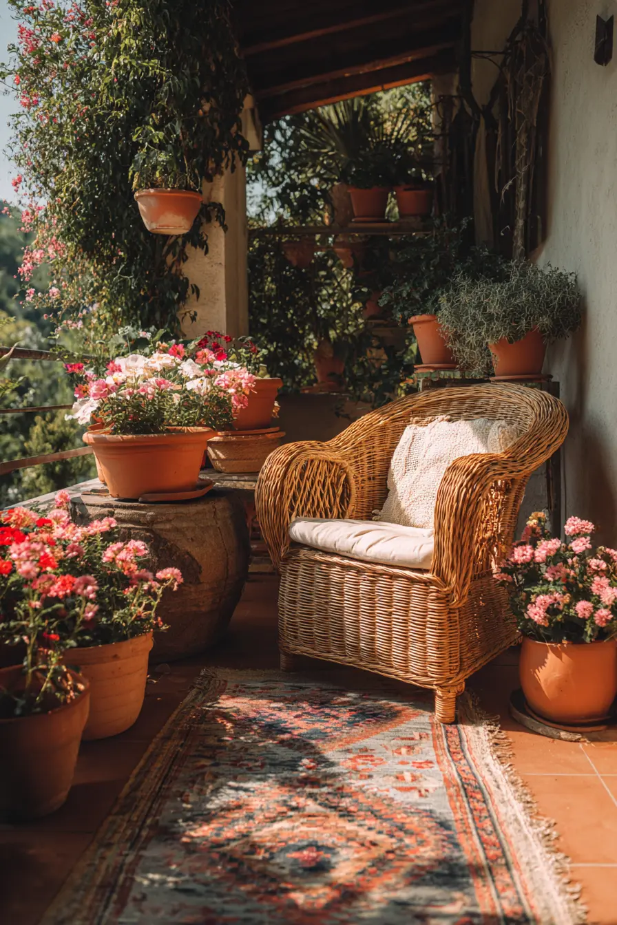 Colorful Floral Patio with Rattan Chair