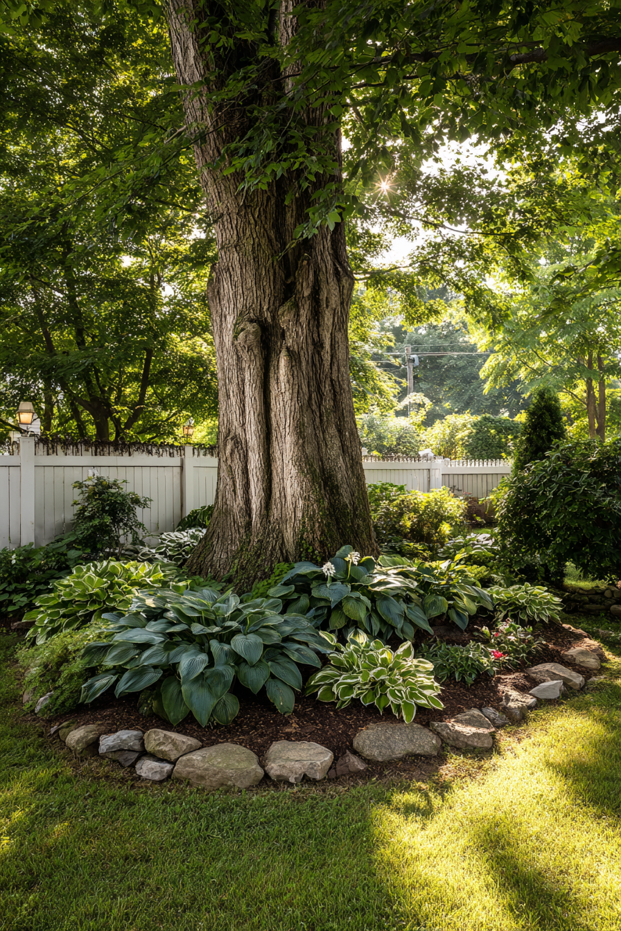 Curved Border with Hostas and Bark
