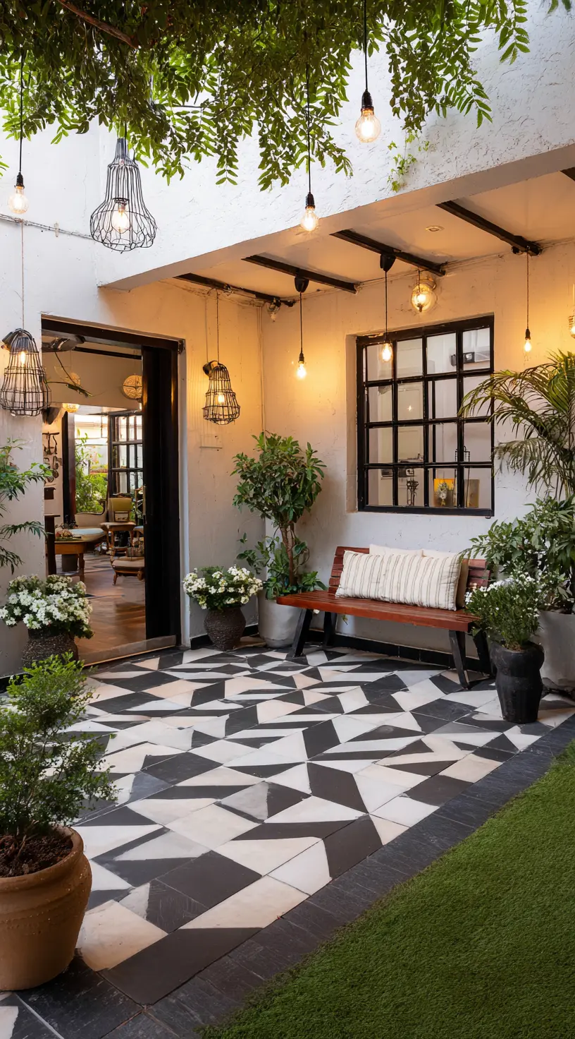 Minimalist Patio With Black & White Tiles