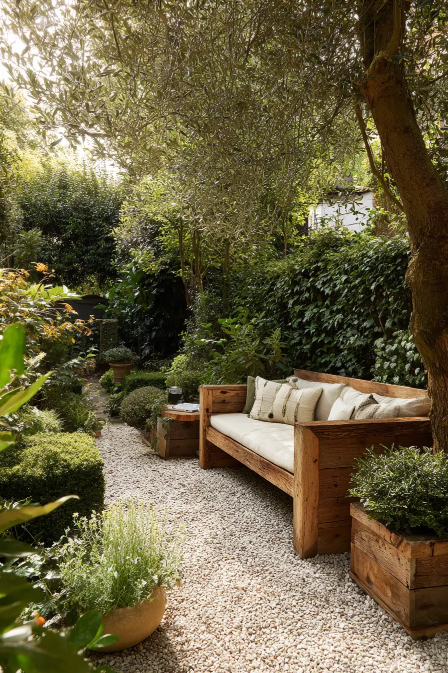 Rustic Wooden Bench in Lush Garden